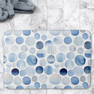 Watercolor Abstract Blue White Circles Pattern Bath Mat