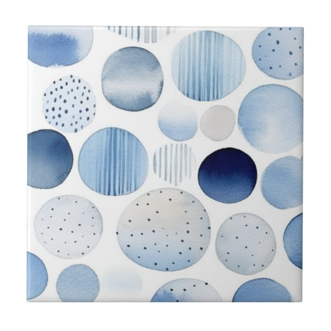 Watercolor Abstract Blue White Circles Pattern Tile (Front)