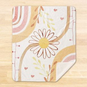 Watercolor Abstract Botanical Flower and Rainbow Sherpa Blanket