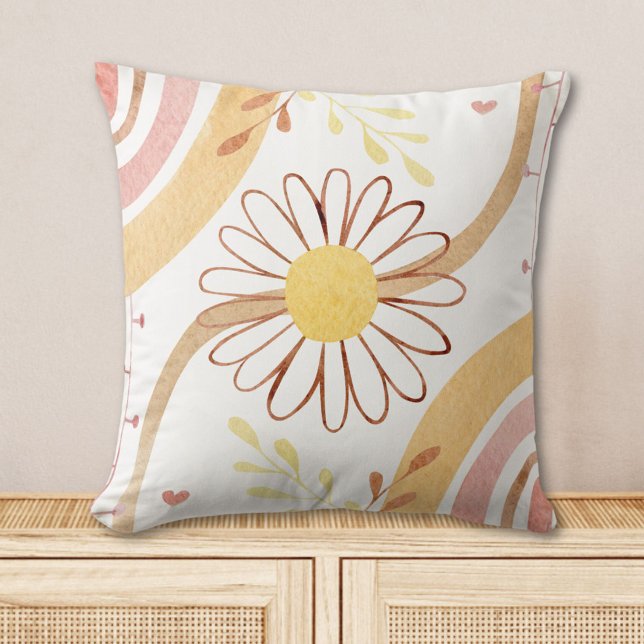 Watercolor Abstract Botanical Flower and Rainbow Throw Pillow (In situ)