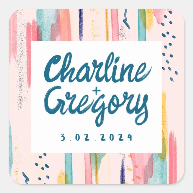 Watercolor Abstract Colourful Brush Strokes Weddin Square Sticker (Front)