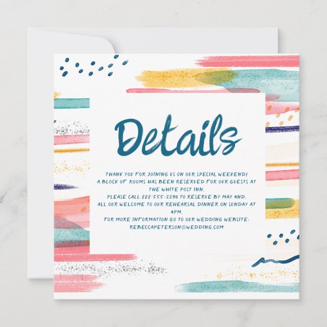 Watercolor Abstract Colourful Brush Wedding Detail Invitation (Front)