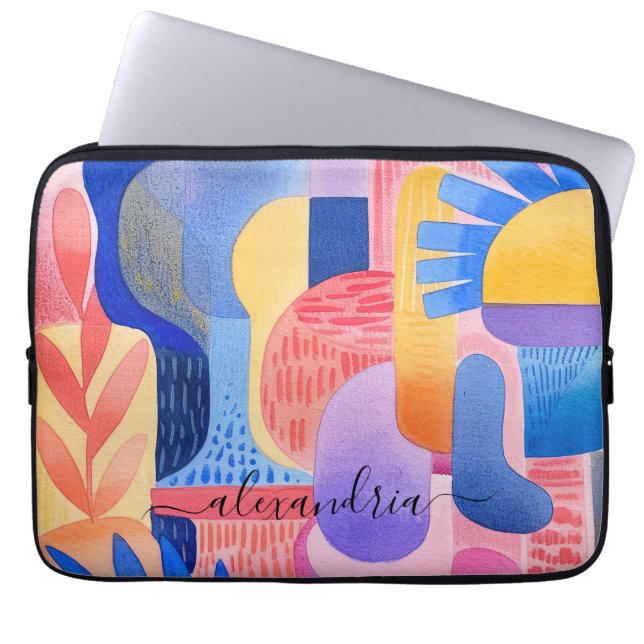Watercolor Abstract Colourful Shapes With Name Laptop Sleeve (Front)