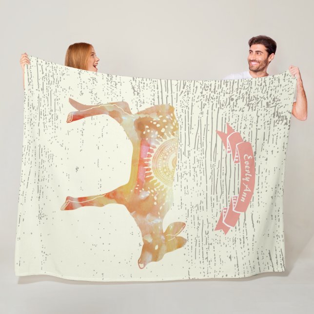 Watercolor Abstract Deer Rustic Wood Pattern Fleece Blanket (In Situ)