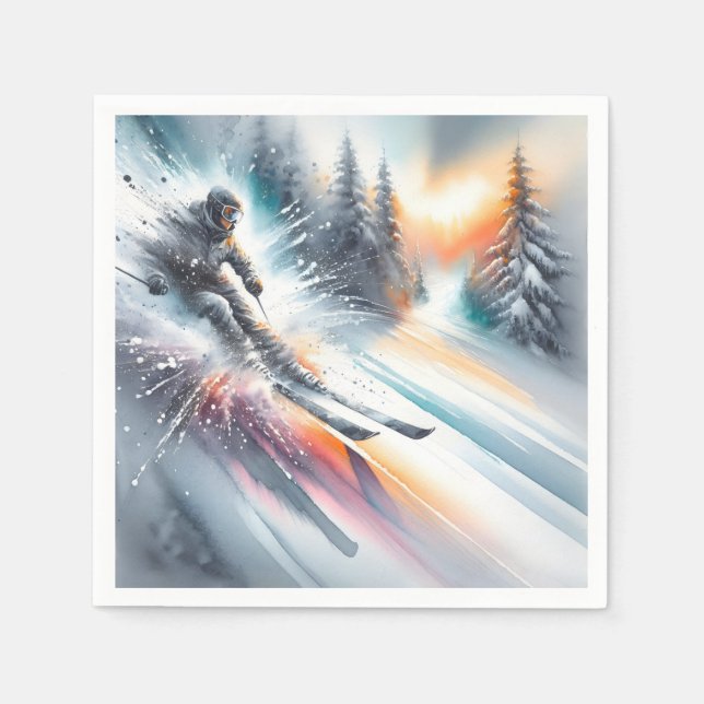Watercolor Abstract Downhill Skier Napkin (Front)