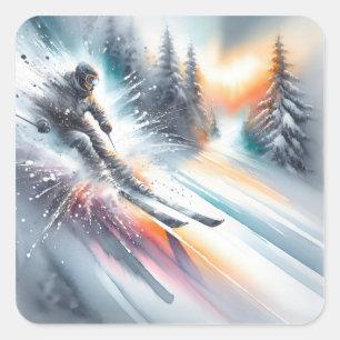 Watercolor Abstract Downhill Skier Square Sticker