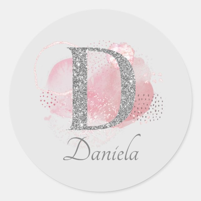 Watercolor Abstract & Glitter Letter  D   Classic Round Sticker (Front)