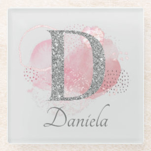 Watercolor Abstract & Glitter Letter  D  Glass Coaster