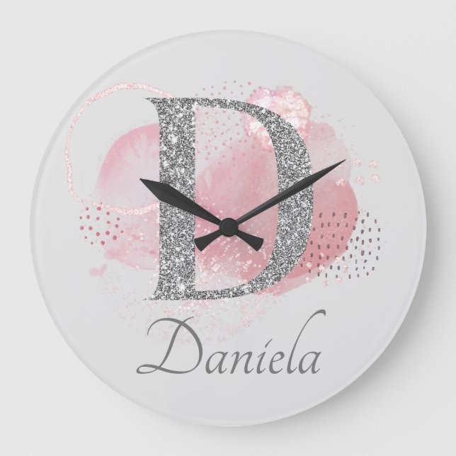 Watercolor Abstract & Glitter Letter  D  Large Clock (Front)