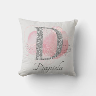 Watercolor Abstract & Glitter Letter  D  Throw Pillow