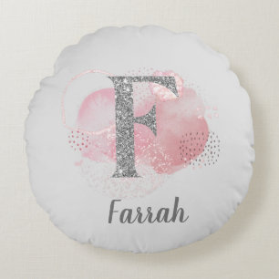 Watercolor Abstract & Glitter Letter F  Round Pillow