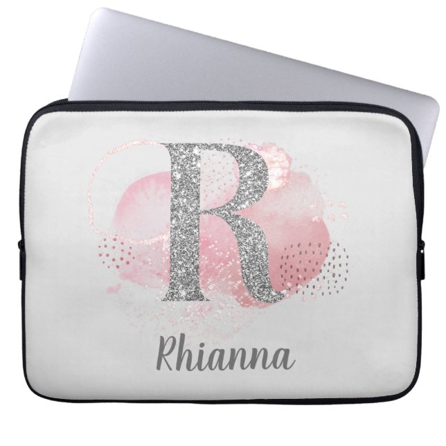 Watercolor Abstract & Glitter Letter R  Laptop Sleeve (Front)