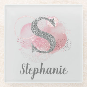 Watercolor Abstract & Glitter Letter  S  Glass Coaster