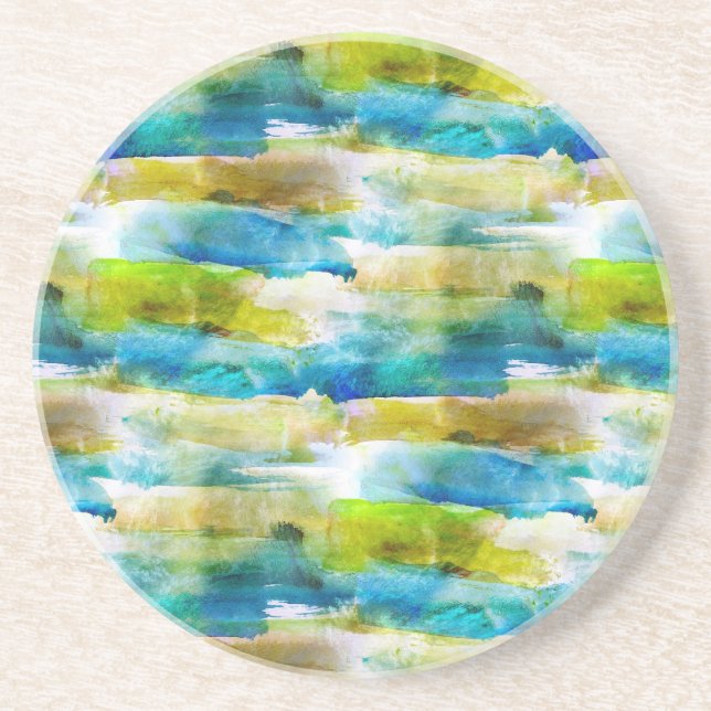 Watercolor abstract green, blue coaster (Front)