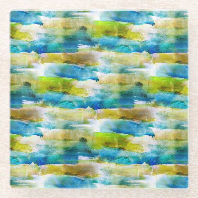 Watercolor abstract green, blue glass coaster (Front)