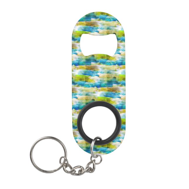 Watercolor abstract green, blue keychain bottle opener (Front)