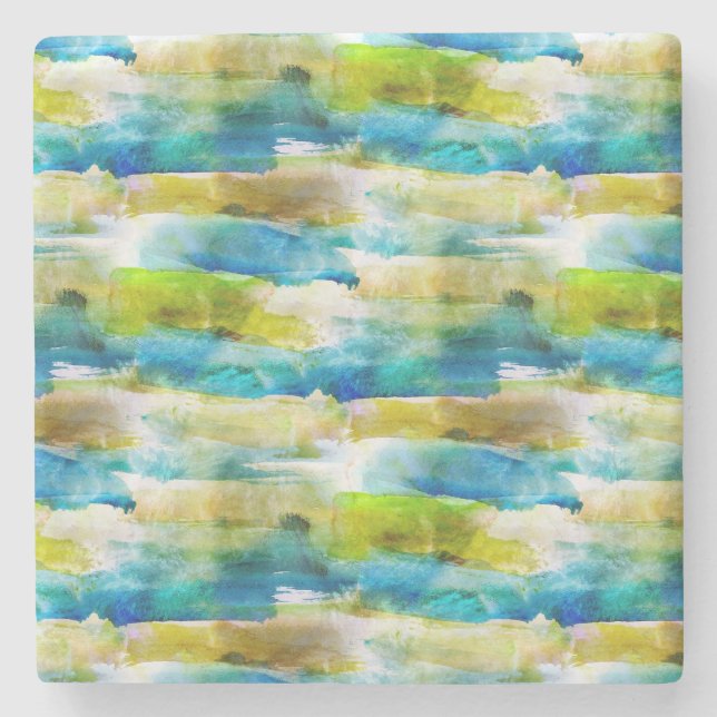 Watercolor abstract green, blue stone coaster (Front)