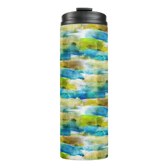 Watercolor abstract green, blue thermal tumbler (Front)
