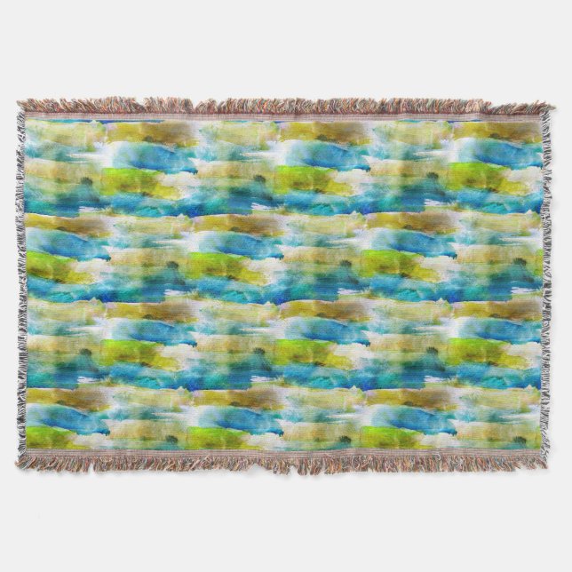 Watercolor abstract green, blue throw blanket (Front)