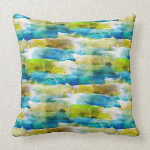 Watercolor abstract green, blue throw pillow