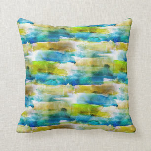 Watercolor abstract green, blue throw pillow