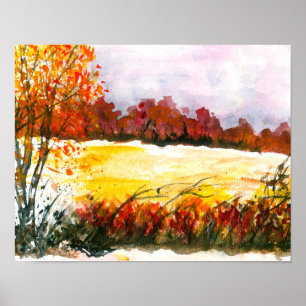 Watercolor Abstract Landscape Art Autumn Trees Poster