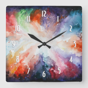 Watercolor Abstract Modern Art Colour Clouds Squar Square Wall Clock