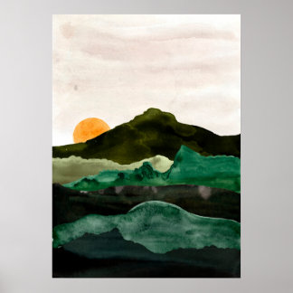 Watercolor abstract mountain landscape. Sunset art Poster
