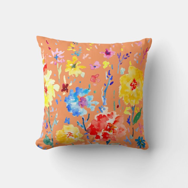 Watercolor Abstract poppy Pillow orange background (Front)
