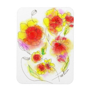 Watercolor abstract red and yellow flowers magnet