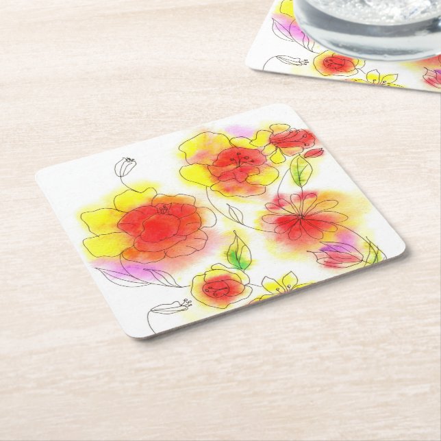 Watercolor abstract red and yellow flowers square paper coaster (Angled)
