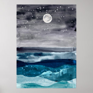 Watercolor abstract sea landscape Modern art ocean Poster
