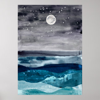 Watercolor abstract sea landscape Modern art ocean Poster