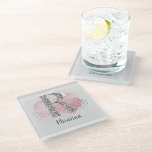 Watercolor Abstract & Silver Glitter Letter R   Glass Coaster