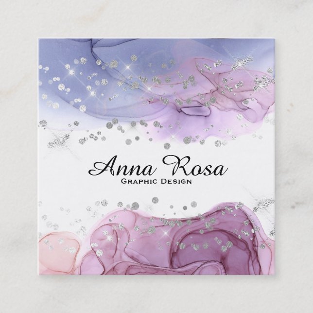*~* Watercolor Abstract Silver Glitter Modern Art Square Business Card (Front)