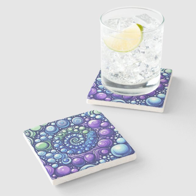 Watercolor Abstract Spiral & Bubbles Stone Coaster (Side)