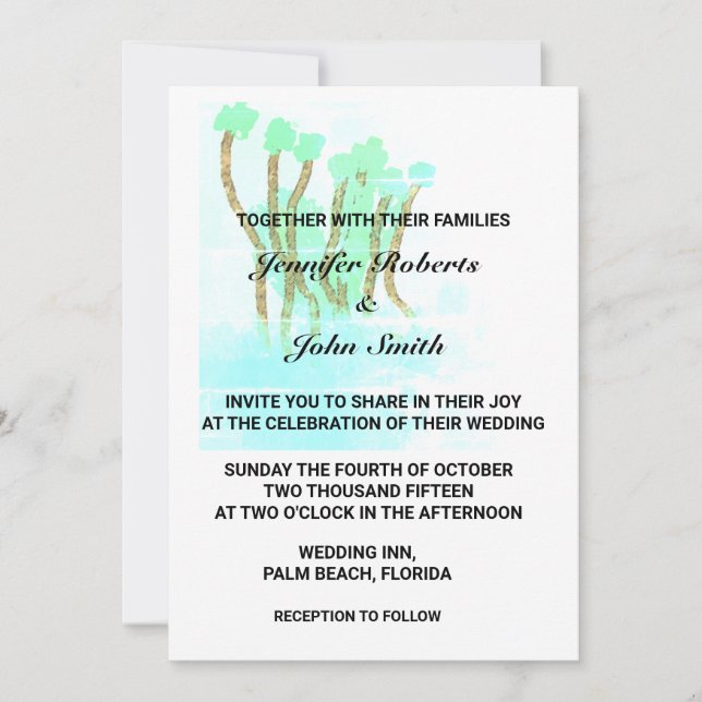 Watercolor Abstract Trees Teal Blue Artsy Wedding Invitation (Front)