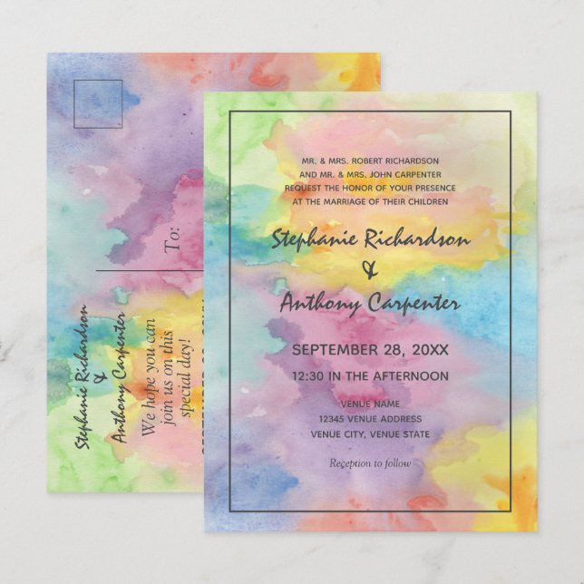 Watercolor Abstract Whimsical Colourful Fun Weddin Invitation Postcard (Front/Back)
