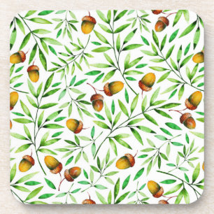 Watercolor Acorns and Leaves Nature Pattern Coaster