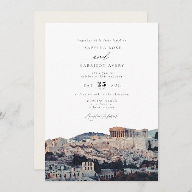 Watercolor Acropolis of Athens Wedding Invitation (Front/Back)