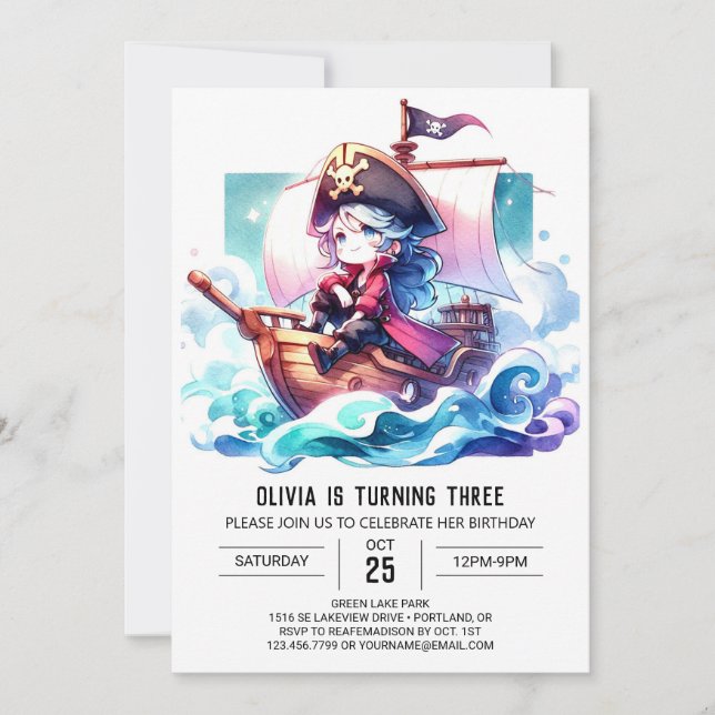 Watercolor Adorable Pirate Birthday Invitation (Front)