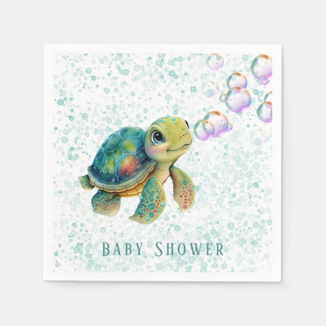 Watercolor Adorable Turtle Bubbles Baby Shower Napkin (Front)