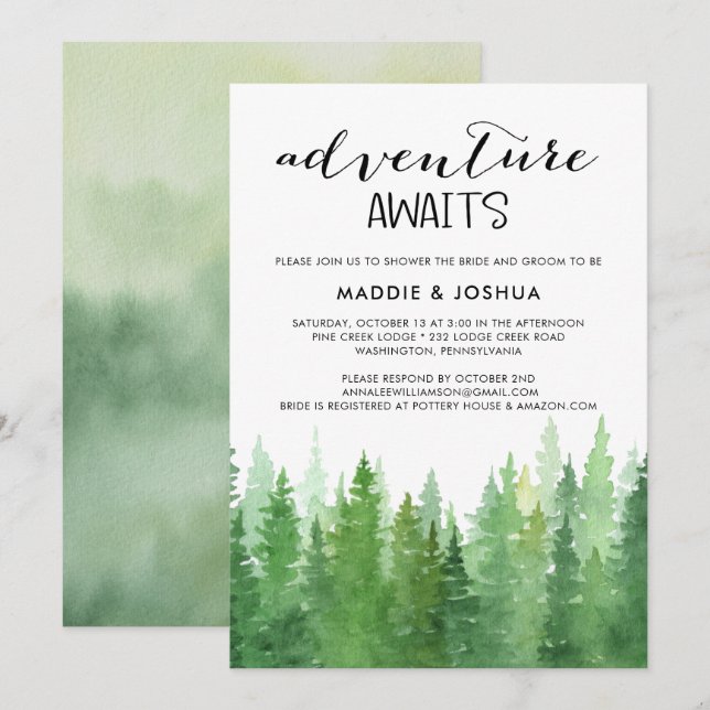 Watercolor Adventure Awaits Forest Couples Shower  Invitation (Front/Back)