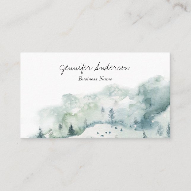 Watercolor Adventure Woodland Pine Forest Business Card (Front)