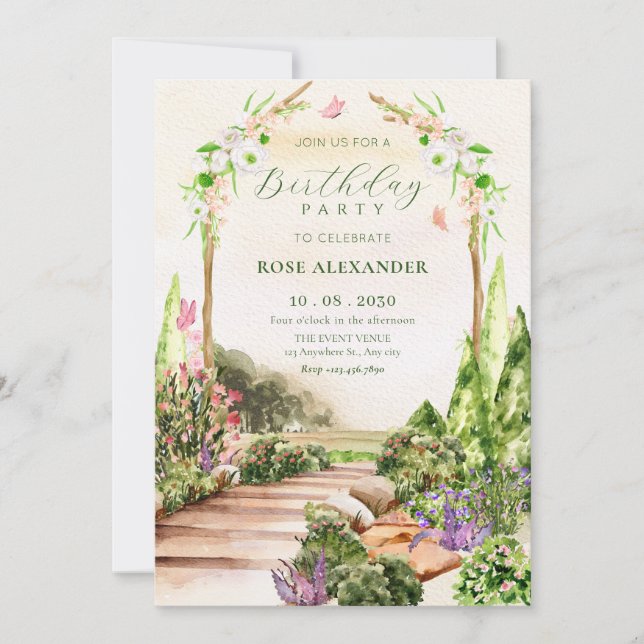 Watercolor aesthetic floral garden birthday invitation (Front)