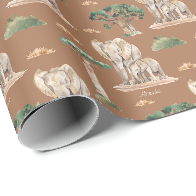 Watercolor African Mommy and Baby Elephant Pattern Wrapping Paper (Roll Corner)