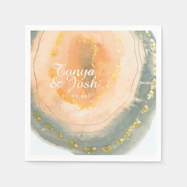 Watercolor Agate Coral Geodes Wedding Napkin (Front)