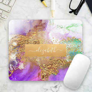 Watercolor agate gold purple pink green glam chic mouse pad