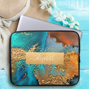 Watercolor agate gold turquoise orange name glam laptop sleeve