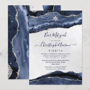 Watercolor Agate, Midnight Blue Silver Bar Mitzvah Invitation